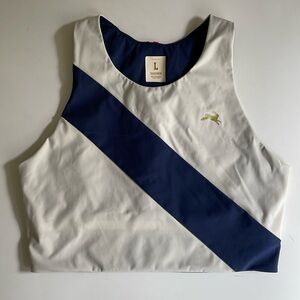 TRACKSMITH BELL LAP CROP TOP WOMENS SIZE LARGE BLUE / WHITE